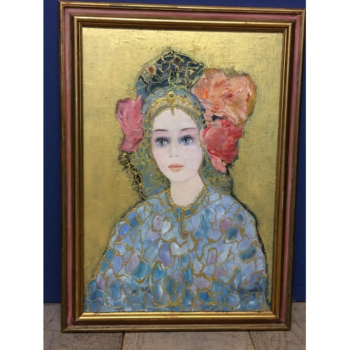 331 - Russian Boyarina, Oil on Canvas with gilt background, gilt and red painted frame. Image 55cm x 38 cm