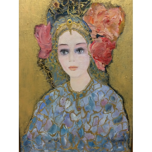 331 - Russian Boyarina, Oil on Canvas with gilt background, gilt and red painted frame. Image 55cm x 38 cm