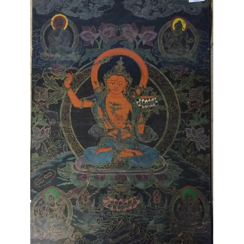 333 - Thangka Manjusri depicted as a male bodhisattva weilding a flaming sword in his right and hand seate... 