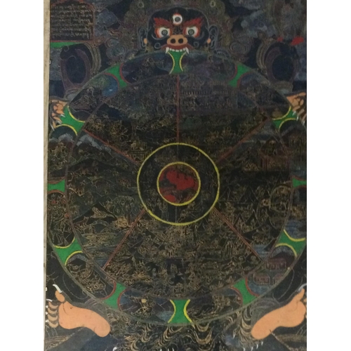 334 - Thangka Mahakala and The Wheel of Dharma. Pigment on cloth, Tibet 19thC. 60cm x 40cm