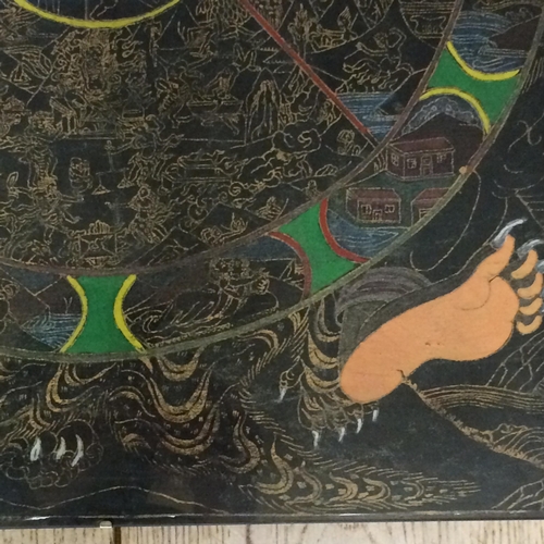 334 - Thangka Mahakala and The Wheel of Dharma. Pigment on cloth, Tibet 19thC. 60cm x 40cm