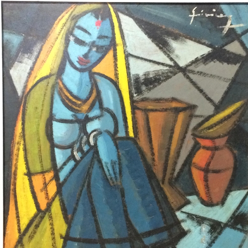 336 - Cubist Study of a Seated Lady (India, 20th Century), Oil on board, Signed indistinctly upper right, ... 