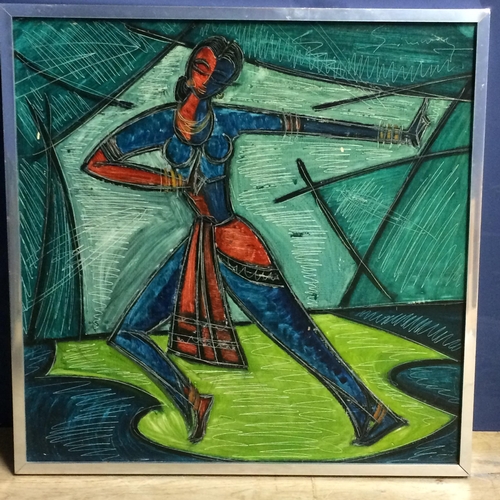 337 - Cubist Study of a Dancing Lady (India, 20th Century), Acrylic with sgraffito on board, Signed indist... 