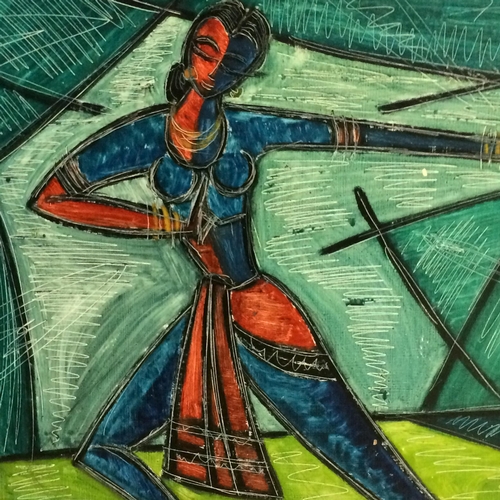 337 - Cubist Study of a Dancing Lady (India, 20th Century), Acrylic with sgraffito on board, Signed indist... 