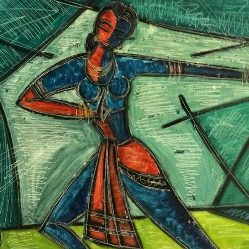 337 - Cubist Study of a Dancing Lady (India, 20th Century), Acrylic with sgraffito on board, Signed indist... 