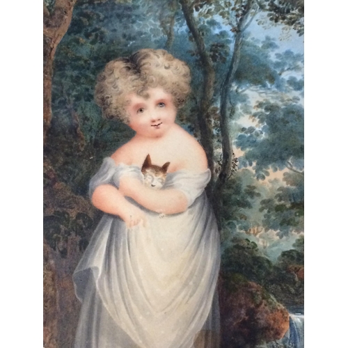 347 - Early 19th Century (English School), Watercolour on paper depicting a Young Child with a Kitten in a... 