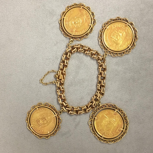 36 - 18ct gold double fancy link bracelet with four  20g Caciques de Venezuela 22ct gold coins, total wei... 