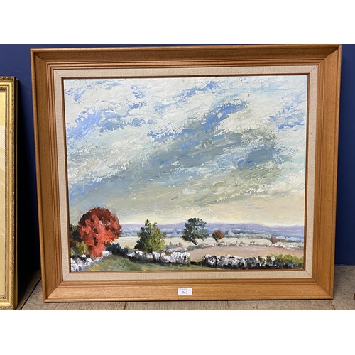 363 - Framed oil of sheep in landscape , marked verso, 48 x 59 cm Christopher Hollick, Fontainnes du Causs... 