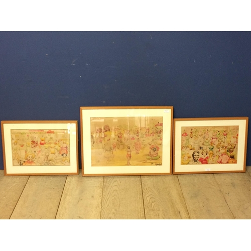 371 - Three light framed and glazed original cartoon  pencil and ink/wash drawings of humorous characters ... 