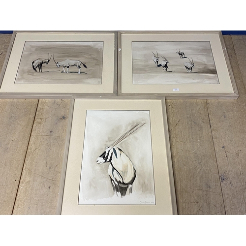 375 - CLAIRE SANDERS, Watercolour, set of 3 of Ibex, signed in pencil lower right, framed and glazed, 36 x... 