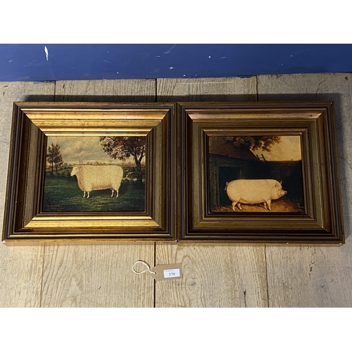 379 - A pair of modern gilt framed pictures of a pig and a sheep, 28.5 x 21.5cm