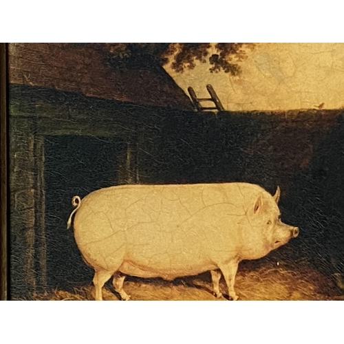 379 - A pair of modern gilt framed pictures of a pig and a sheep, 28.5 x 21.5cm