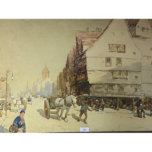 393 - JOHN TERRIS, Watercolour, C19th Continental street scene with figures and horse and carts, signed lo... 