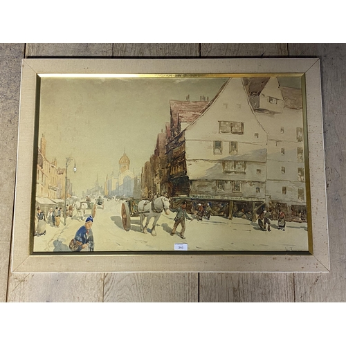 393 - JOHN TERRIS, Watercolour, C19th Continental street scene with figures and horse and carts, signed lo... 