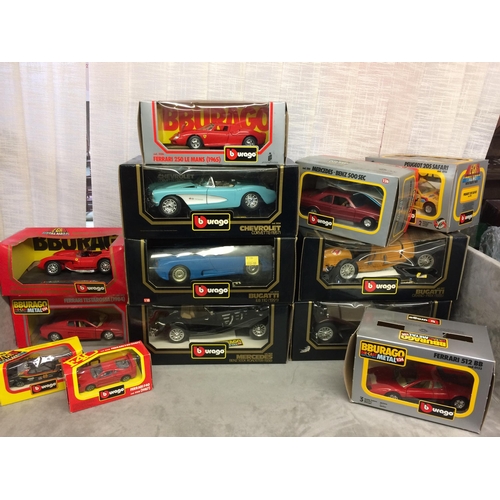 395 - A collection of Burago die cast metal boxed toy cars of various scales to include a Mercedes Benz 50... 