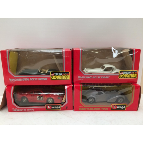 395 - A collection of Burago die cast metal boxed toy cars of various scales to include a Mercedes Benz 50... 