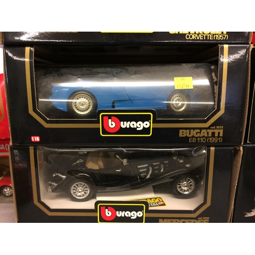 395 - A collection of Burago die cast metal boxed toy cars of various scales to include a Mercedes Benz 50... 