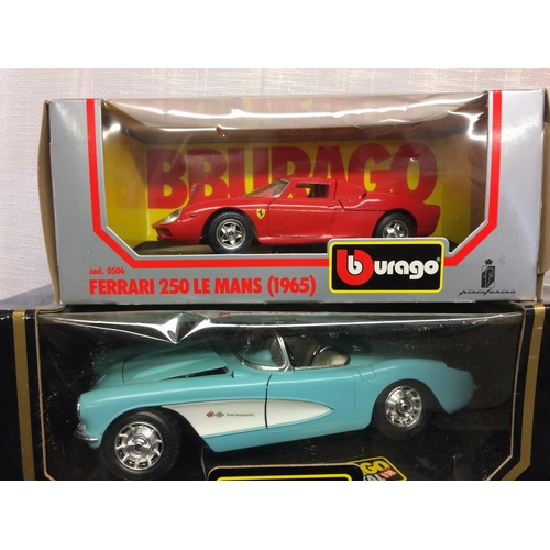 395 - A collection of Burago die cast metal boxed toy cars of various scales to include a Mercedes Benz 50... 