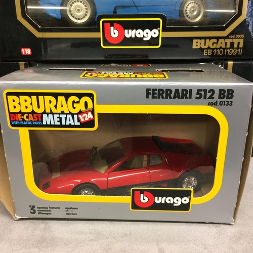 395 - A collection of Burago die cast metal boxed toy cars of various scales to include a Mercedes Benz 50... 