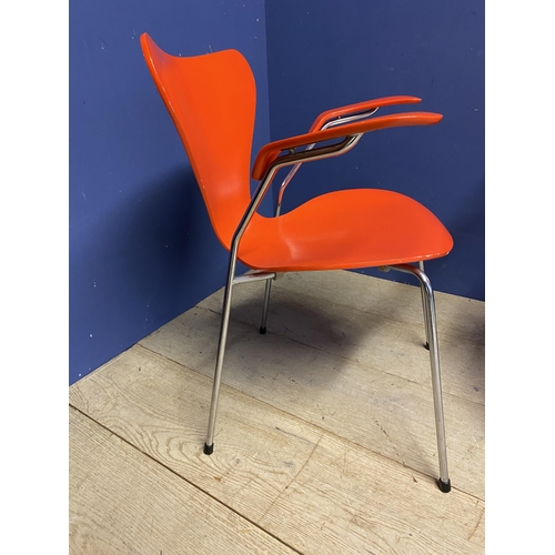 457 - Original Arne Jacobsen armchairs in Orange, model 3207 by Fritz Hansen. Chrome Plated tubular steel ... 