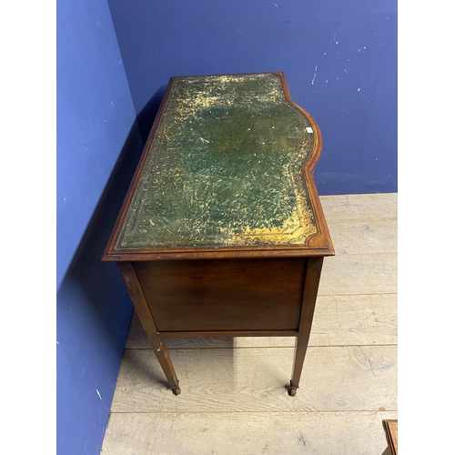 469 - Edwardian inlaid  writing desk, with square legs to castors, worn green leather top, 79cmH x 115cm W... 