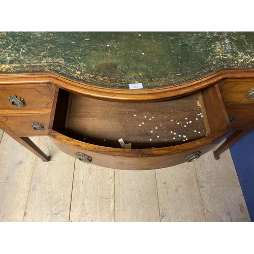 469 - Edwardian inlaid  writing desk, with square legs to castors, worn green leather top, 79cmH x 115cm W... 