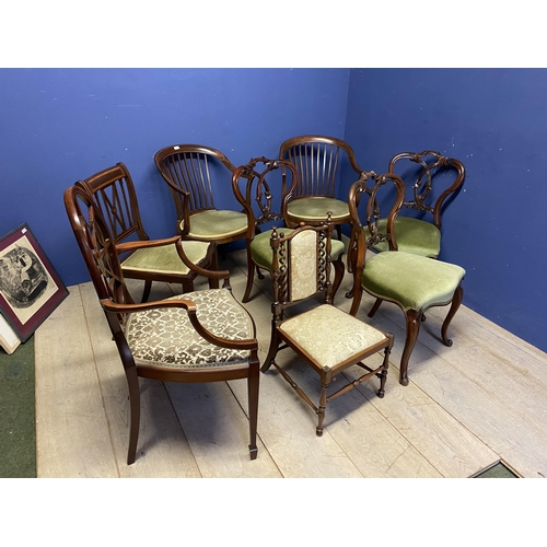 471 - Quantity of Victorian and Edwardian chairs, including a pair of circular back green upholstered, and... 