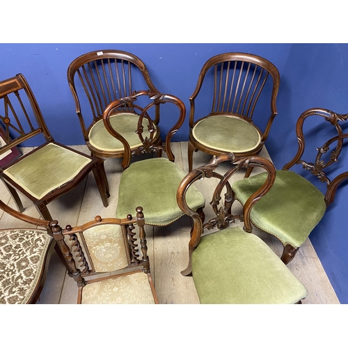 471 - Quantity of Victorian and Edwardian chairs, including a pair of circular back green upholstered, and... 