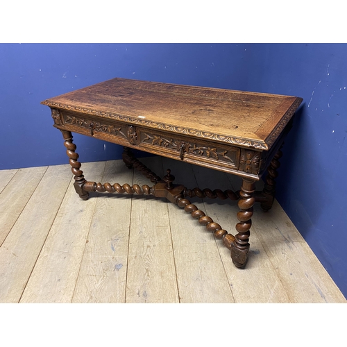 474 - Oak refectory side table, with 2 carved drawers , with barley twist cross stretchers, 128cm w