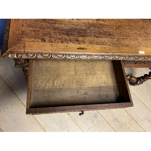 474 - Oak refectory side table, with 2 carved drawers , with barley twist cross stretchers, 128cm w