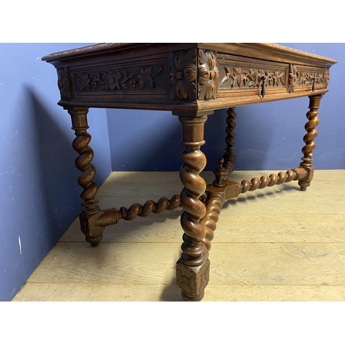 474 - Oak refectory side table, with 2 carved drawers , with barley twist cross stretchers, 128cm w