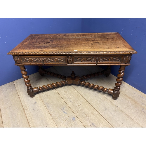 474 - Oak refectory side table, with 2 carved drawers , with barley twist cross stretchers, 128cm w