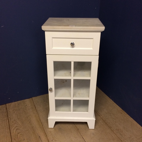 485 - Marble topped glazed and white painted side cabinet 83h x 33 x 38cm