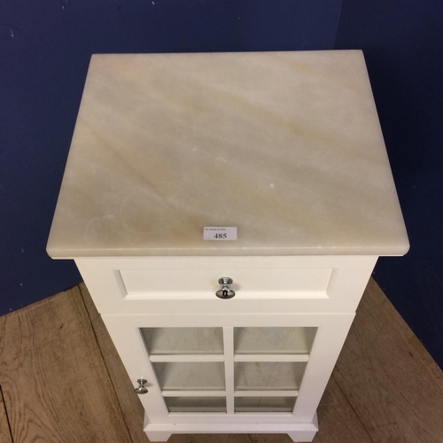 485 - Marble topped glazed and white painted side cabinet 83h x 33 x 38cm