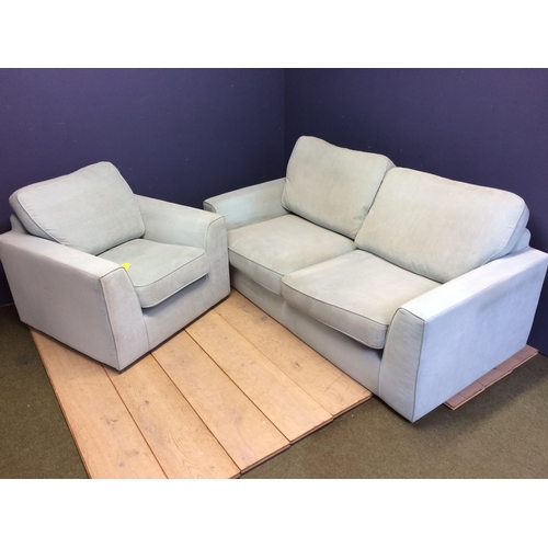 492 - Duck egg blue sofa and chair (in used condition - upholstery needs some cleaning) note one black pla... 