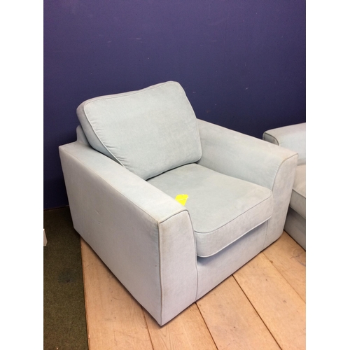 492 - Duck egg blue sofa and chair (in used condition - upholstery needs some cleaning) note one black pla... 