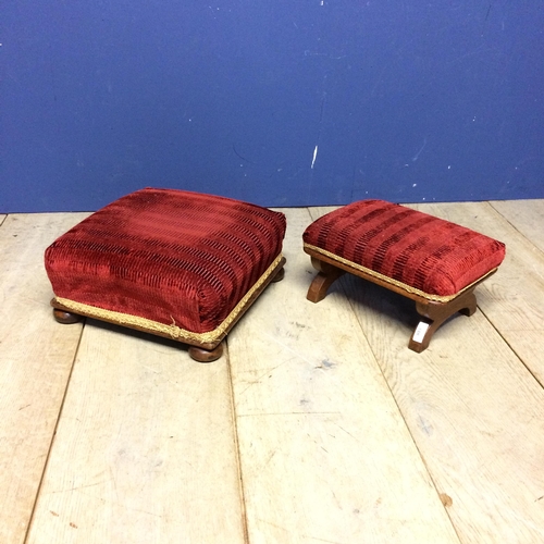 510 - Two smalls stools, one on raised wooden cross stretcher, the other with bun feet, both with red upho... 