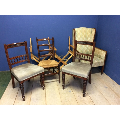 514 - Quantity of chairs, including an Edwardian wing back chair,  two Victorian mahogany chairs with spin... 