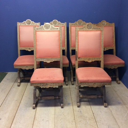 516 - Set of 6 decorative carved French style chairs with X stretcher and pink upholstery to seats and bac... 