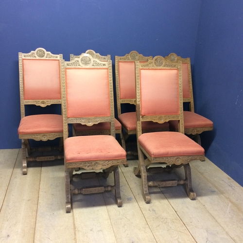 516 - Set of 6 decorative carved French style chairs with X stretcher and pink upholstery to seats and bac... 