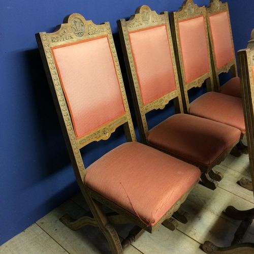 516 - Set of 6 decorative carved French style chairs with X stretcher and pink upholstery to seats and bac... 