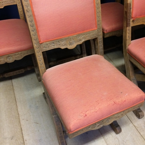 516 - Set of 6 decorative carved French style chairs with X stretcher and pink upholstery to seats and bac... 