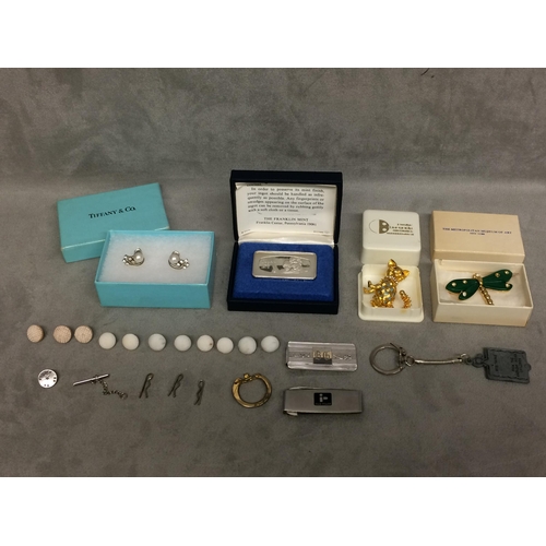 52 - Pair of Tiffany style white metal and synthetic pearl set earrings, and a yellow metal cat brooch, a... 