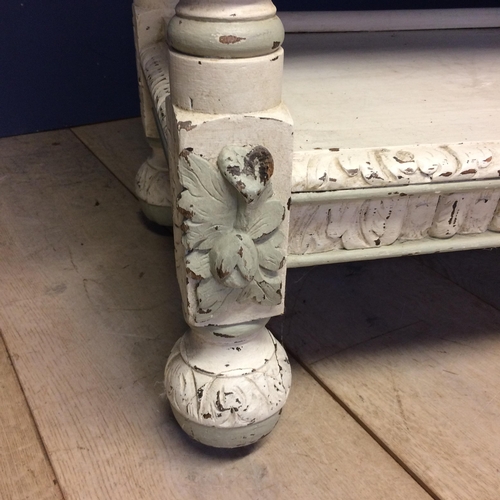 521 - Decorative shabby chic, grey painted buffet of 3 shelves, with ornately carved back finial, raised o... 