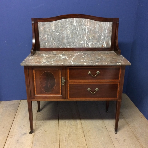 525 - Edwardian mahogany washstand with 2 drawers and cupboard, with marble top and splash back 113h x 92w... 