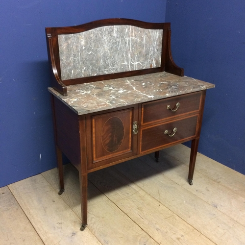 525 - Edwardian mahogany washstand with 2 drawers and cupboard, with marble top and splash back 113h x 92w... 