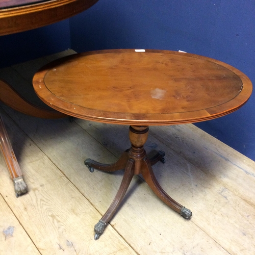 529 - Circular snap top pedestal table, with glass top, and 2 smaller oval tables 108w x 77h cm