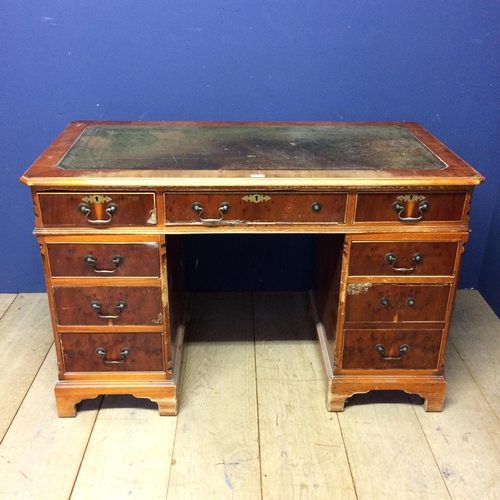 530 - 9 drawer bureau, with green leather top, in need of  attention, much wear 77h x 123w x 62d cm