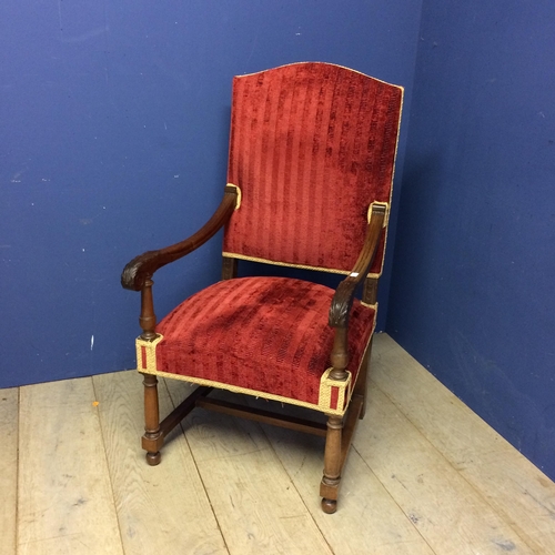 532 - Matching arm chair to the above lot 531; large oak framed arm chair with red upholstery