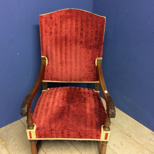 532 - Matching arm chair to the above lot 531; large oak framed arm chair with red upholstery